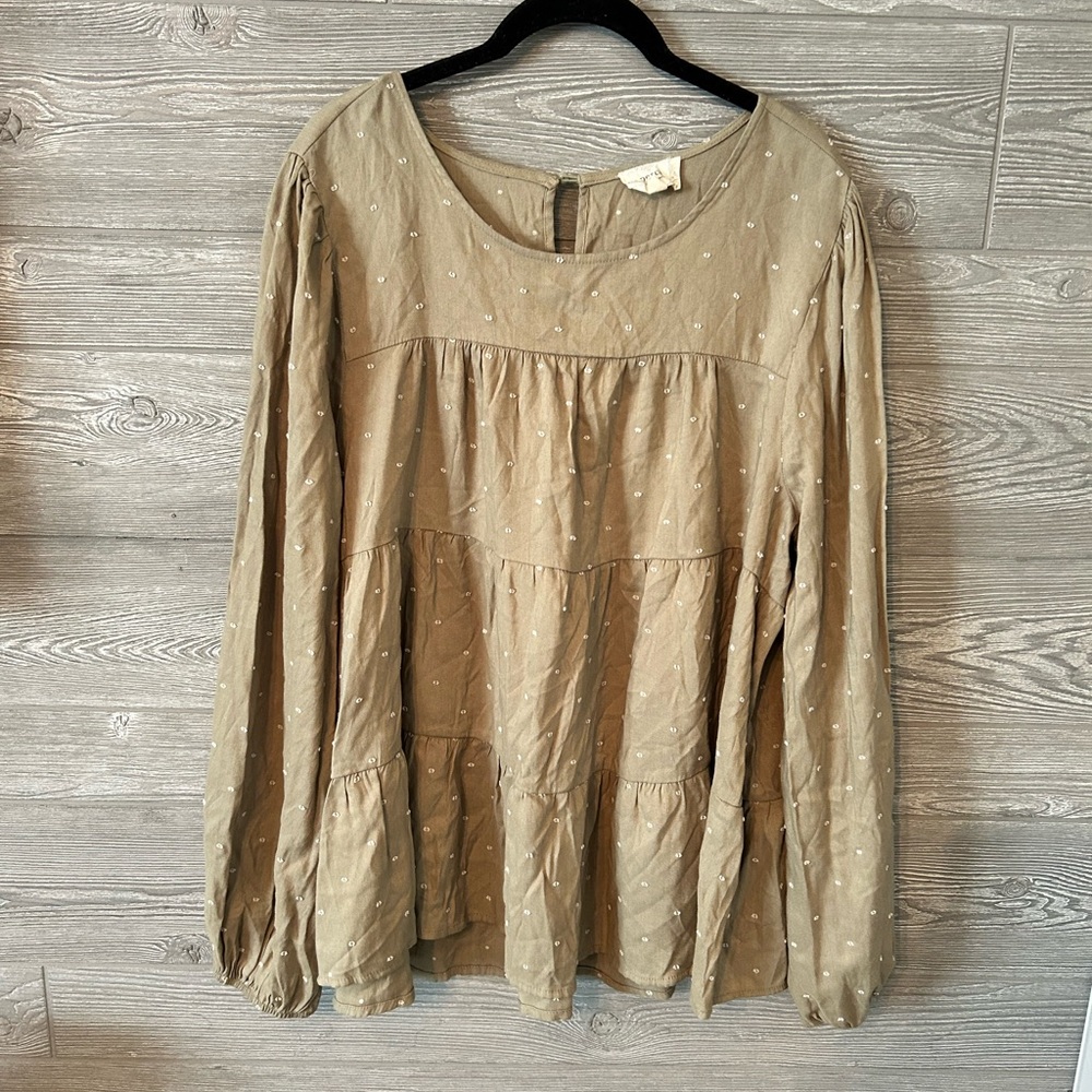 Perch by Blu Pepper Olive Green Tiered Embroidered Dot Babydoll Blouse‎ 3XL